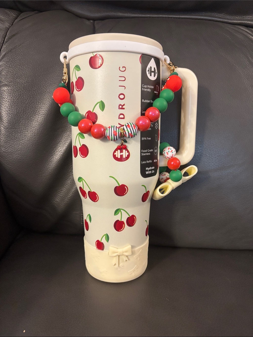 40oz HydroJug Cherry Bead Handle Strap in Red & Green